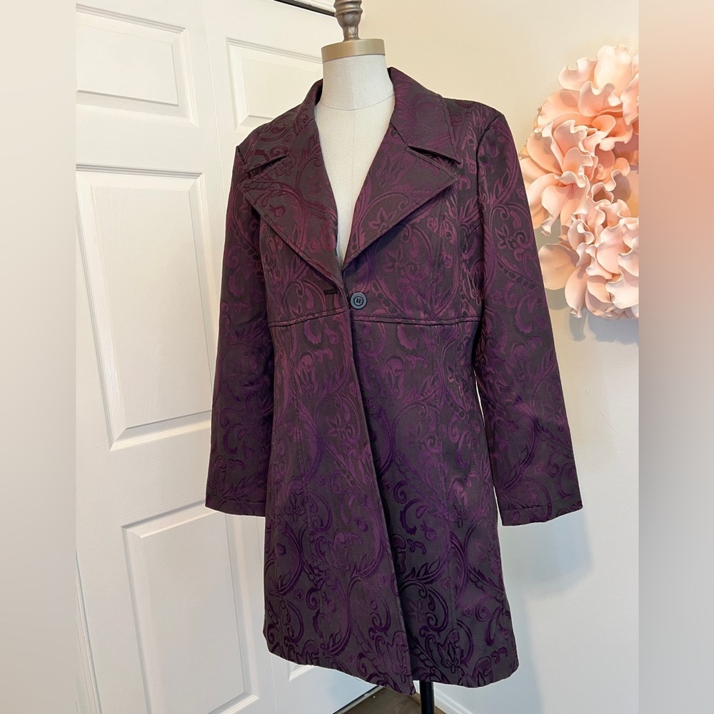 Bisou Bisou Michelle Bohbot Purple Black Longline Brocade Coat Jacket Large
